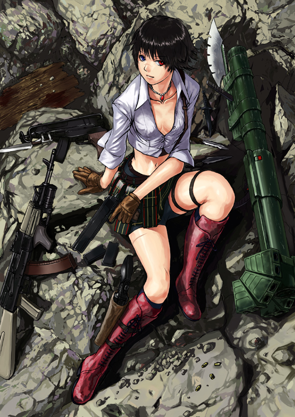 ak-47, assault_rifle, automatic_rifle, black_hair, boots, devil_may_cry, devil_may_cry_3, gloves, grenade_launcher, gun, handgun, heterochromia, jewelry, knife, lady, lithiumia, looking_up, machine_pistol, magazine_(weapon), midriff, necklace, pistol, revolver, rifle, rock, scorpion, semiautomatic, short_hair, sitting, skirt, skorpion_vz._61, submachine_gun, thigh_strap, weapon