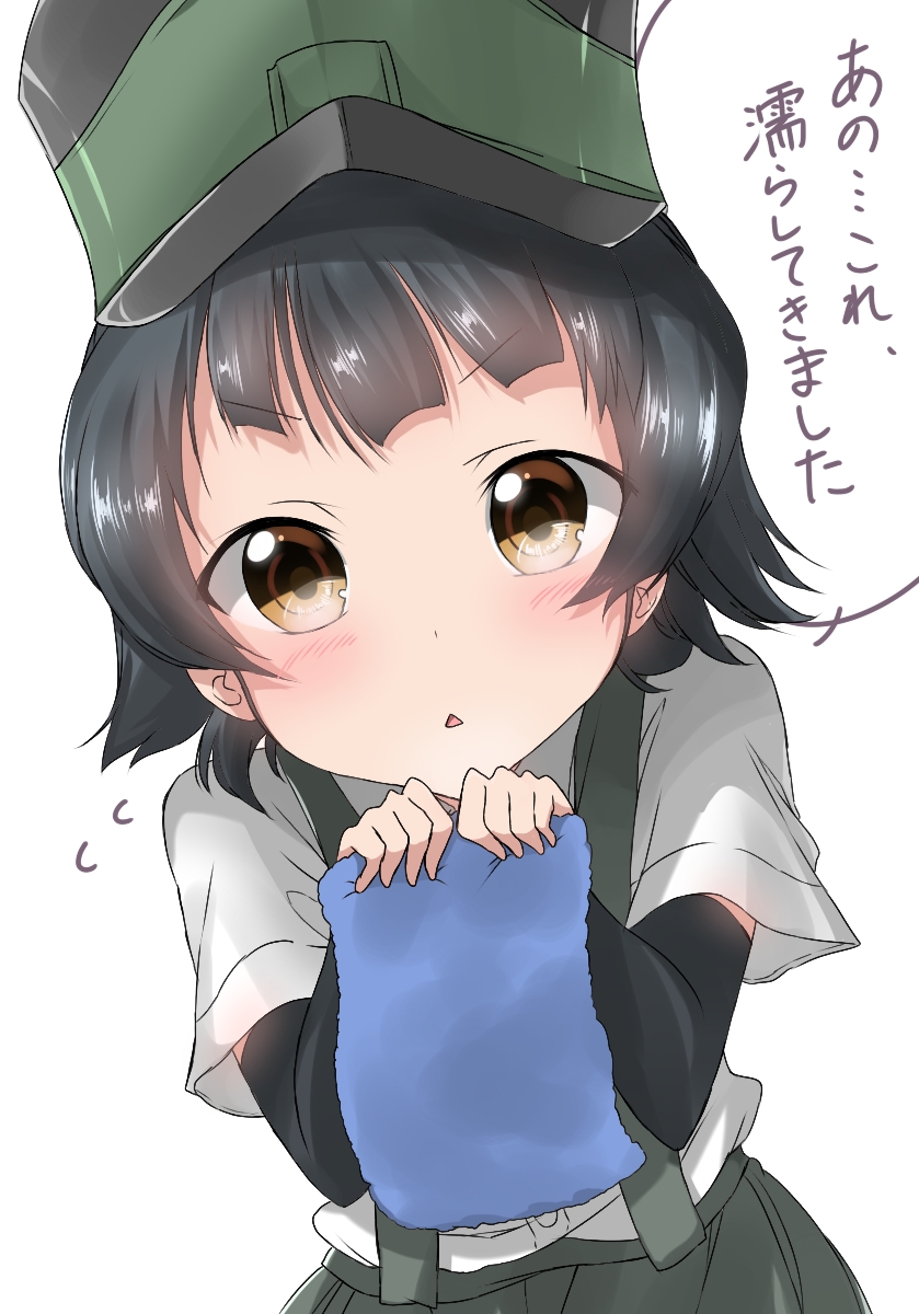 1girl, arare_(kantai_collection), black_hair, blush, brown_eyes, commentary_request, hat, highres