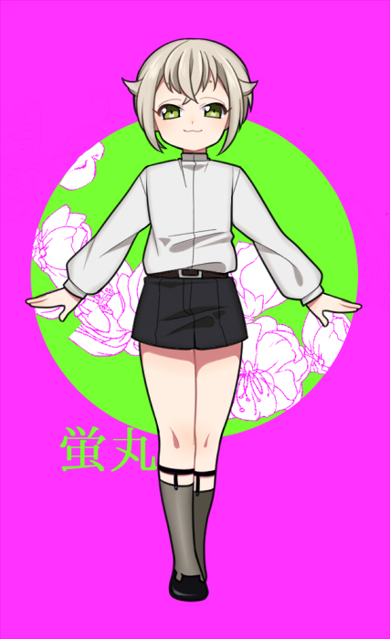 1boy, :3, garters, green_eyes, grey_legwear, hair_flaps, hotarumaru, kneehighs