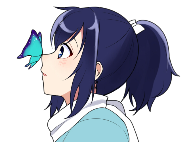 1boy, black_hair, blue_eyes, bow, butterfly, butterfly_on_nose, hair_bow, male_focus