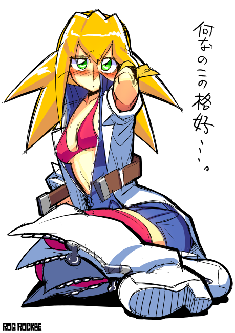 1girl, :o, belt, bikini, bikini_top, blush, boots, breasts, cleavage, cosplay, green_eyes, josh_(rog_rockbe), labcoat, long_hair, looking_at_viewer, original, red_bikini, rockman, rockman_dash, rog_rockbe, roll_caskett, simple_background, solo, swimsuit, translation_request, white_background