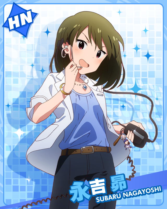 >_<, blush, character_name, green_hair, idolmaster, idolmaster_million_live!, music_player, nagayoshi_subaru