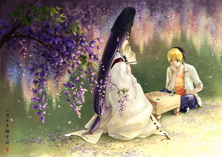 2boys, black_hair, blonde_hair, board_game, fan, flower, folding_fan, from_side