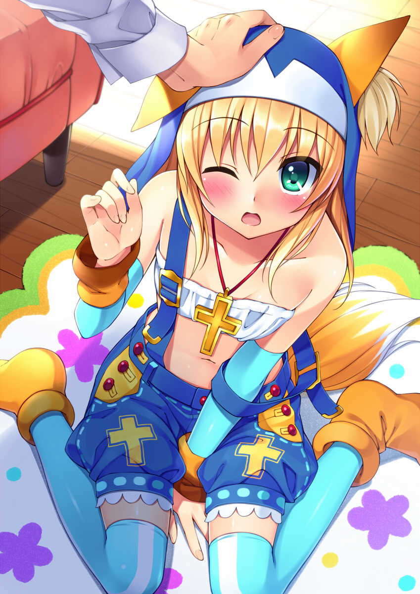 1girl, ;o, animal_ears, ankle_boots, bare_shoulders, between_legs, blonde_hair, blue_legwear, blush, boots, brown_boots, bucchake_(asami), collarbone, cross, cross_necklace, cross_print, detached_sleeves, flat_chest, fox_ears, fox_tail, green_eyes, hand_between_legs, hat, highres, indoors, jewelry, long_hair, long_sleeves, navel, one_eye_closed, ootomo_sourin_(sengoku_otome), open_mouth, pendant, petting, pov, sengoku_otome, sitting, solo_focus, stomach, suspenders, suspenders_slip, tail, thigh-highs, veil, wariza, wooden_floor