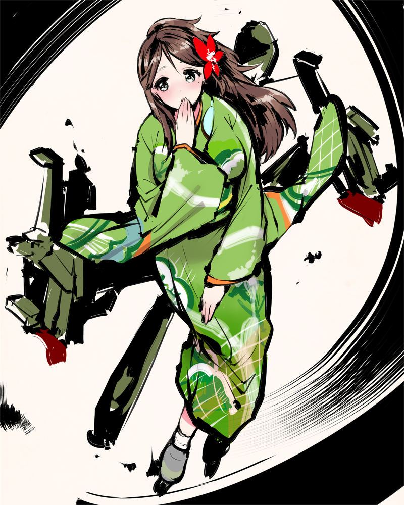 1girl, amagi_(kantai_collection), brown_hair, covering_mouth, flower, hair_flower, hair_ornament, japanese_clothes