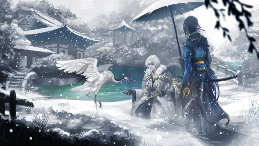 2boys, animal, architecture, armor, bangs, bird, black_gloves, blue_hair