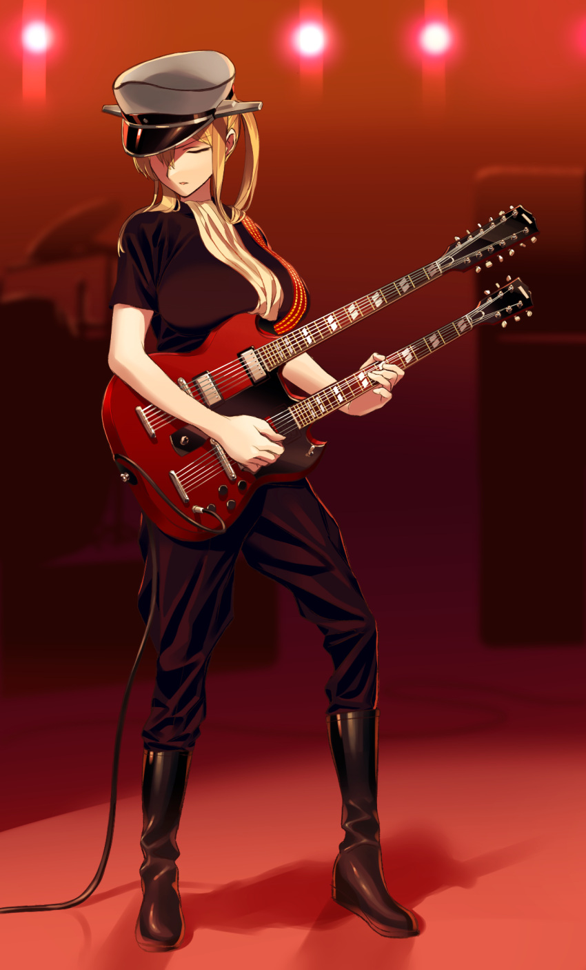 1girl, blew_andwhite, blonde_hair, boots, brown_boots, cable, closed_eyes, double_neck_guitar