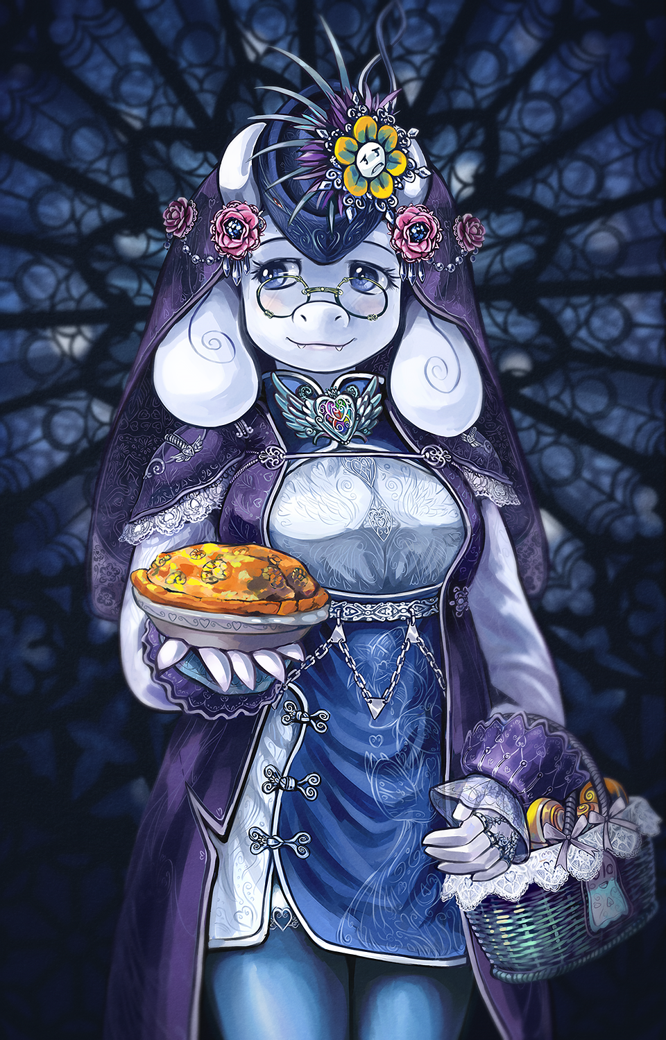 1girl, alternate_costume, asriel_dreemurr, basket, blue_eyes, fangs, flower, flowey_(undertale)