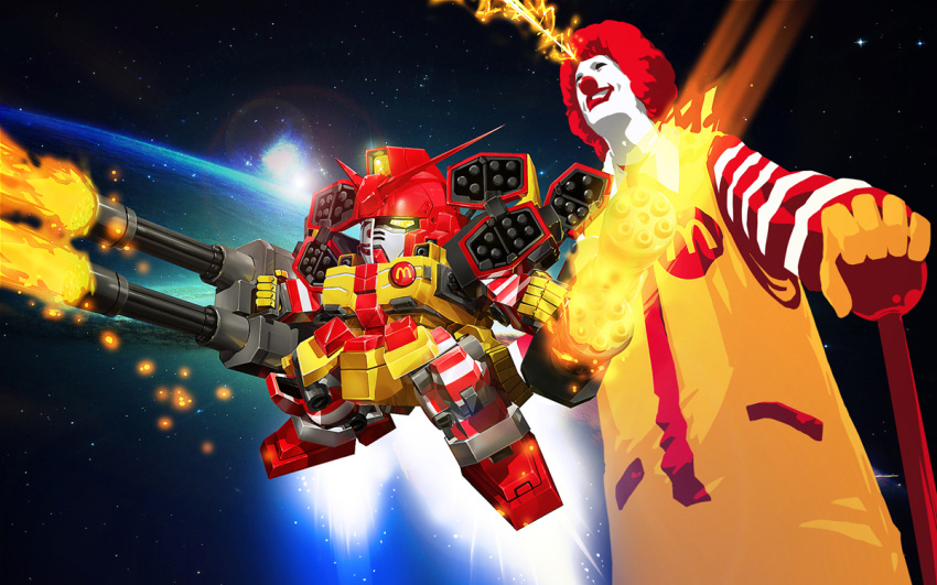 1boy, chibi, clown, earth, firing, fried-noodles-c, gun, gundam