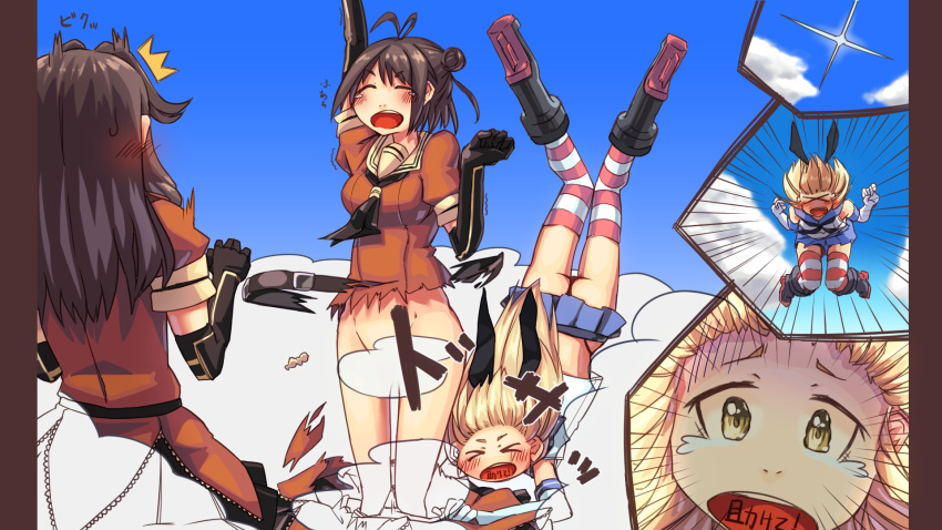 ahoge, antenna_hair, assisted_exposure, blonde_hair, brown_hair, double_bun, elbow_gloves, gloves