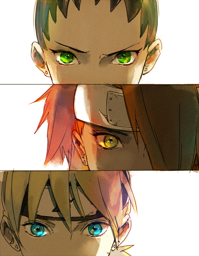 1girl, 2boys, akimichi_chouchou, bangs, black_hair, blonde_hair, close-up, earrings