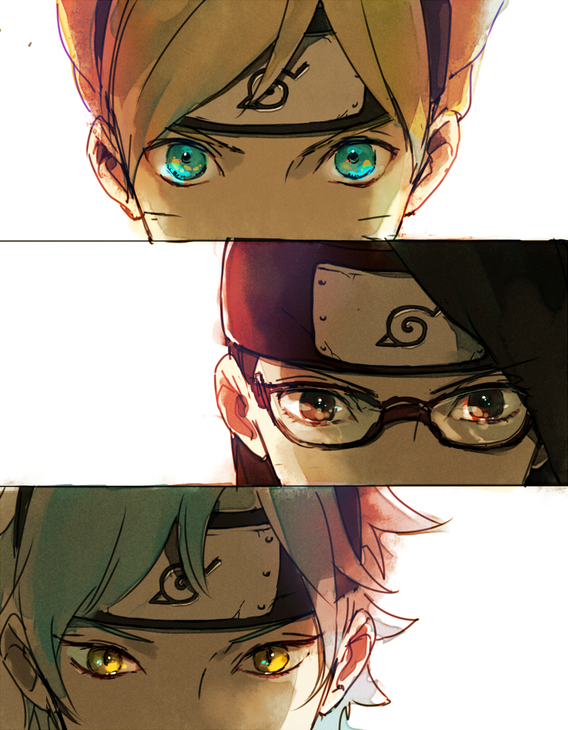 1girl, 2boys, bangs, black-framed_glasses, black_eyes, blonde_hair, blue_eyes, blue_hair, close-up, eyes, forehead_protector, konohagakure_symbol, looking_at_viewer, mitsuki_(naruto), multiple_boys, naruto, omuyama_omu, panels, uchiha_sarada, uzumaki_boruto, whiskers, white_background, yellow_eyes