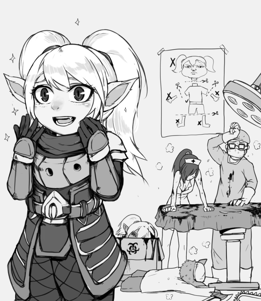 2boys, 2girls, akali, alternate_costume, arm_support, armor, axe, bare_shoulders