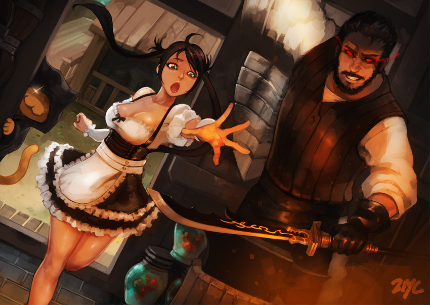 1boy, 1girl, aaa_(september_breeze), ahoge, anvil, apron, around_corner, bangs, bare_legs, beard, black_gloves, black_skirt, bodice, bow, breasts, brown_hair, cat, cleavage, cloak, collarbone, dark_skin, doorway, dutch_angle, eyeliner, facial_hair, ferghus, floating_hair, frilled_skirt, frills, gloves, glowing, glowing_eye, glowing_eyes, green_eyes, grin, holding_sword, holding_weapon, indoors, jar, large_breasts, lipstick, long_hair, long_sleeves, lynn_(mabinogi), mabinogi, mabinogi_heroes, maid, makeup, multiple_girls, open_mouth, outstretched_arm, outstretched_hand, parted_bangs, puffy_sleeves, red_eyes, red_lipstick, shield, shirt, signature, skirt, smile, sword, twintails, underbust, vest, waist_apron, weapon, white_blouse, white_shirt