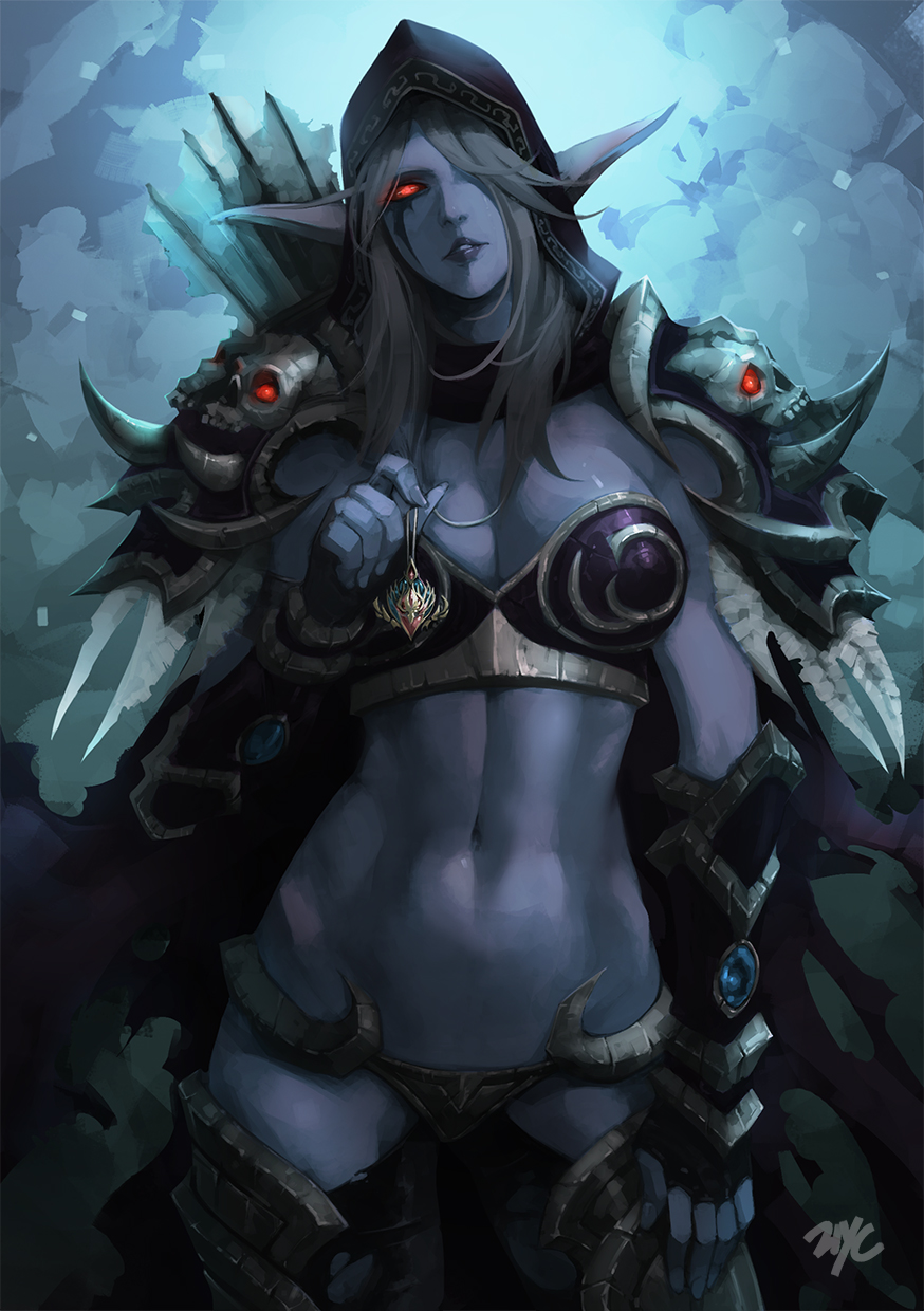aaa_(september_breeze), armor, arrow, artist_name, bikini_armor, blue_skin, contrapposto, elf