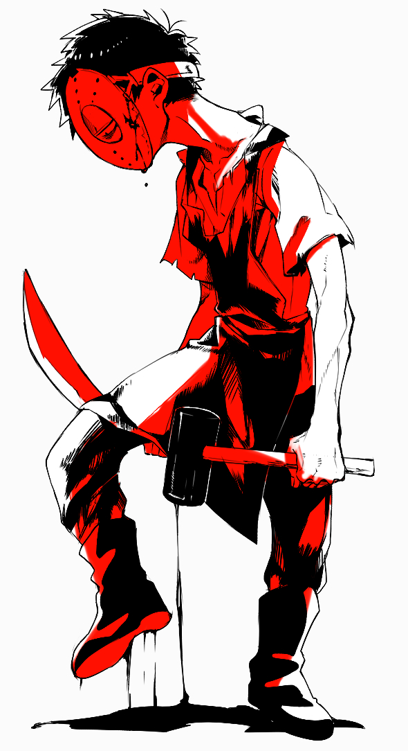 1boy, akiomi_aiko, apron, blood, bloody_clothes, boots, cel_shading, full_body