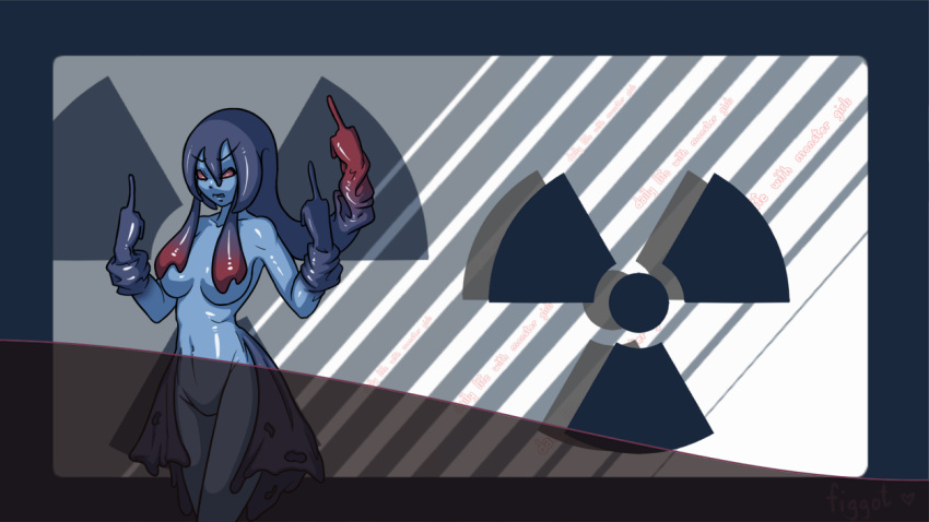 1girl, black_hair, black_slime_(monster_musume), blue_skin, breasts, figgot, goo_girl, middle_finger, monster_girl, monster_musume_no_iru_nichijou, navel, radiation_symbol, red_eyes, signature, solo
