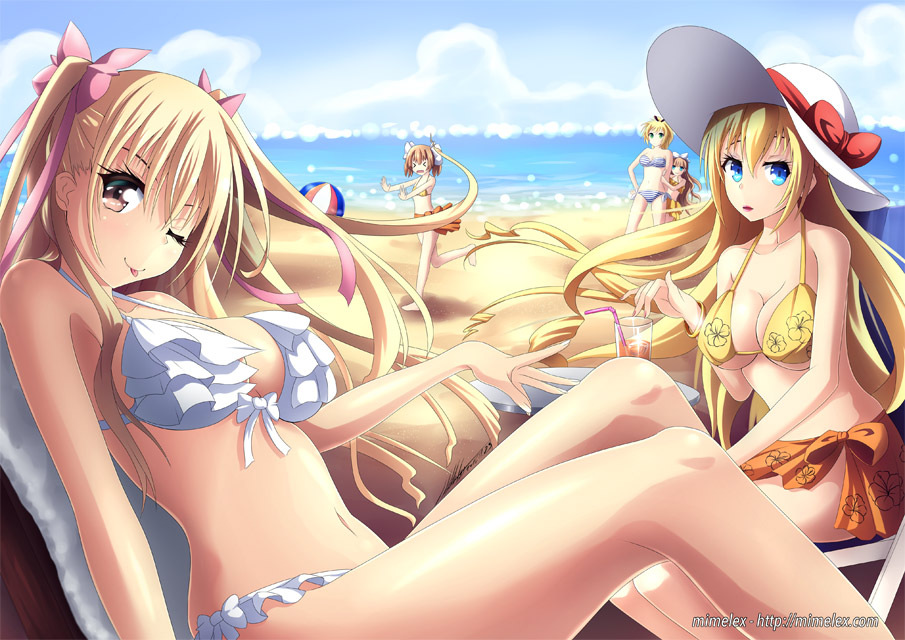 >_<, 5girls, ;p, ball, bandeau, bare_arms, bare_legs, barefoot