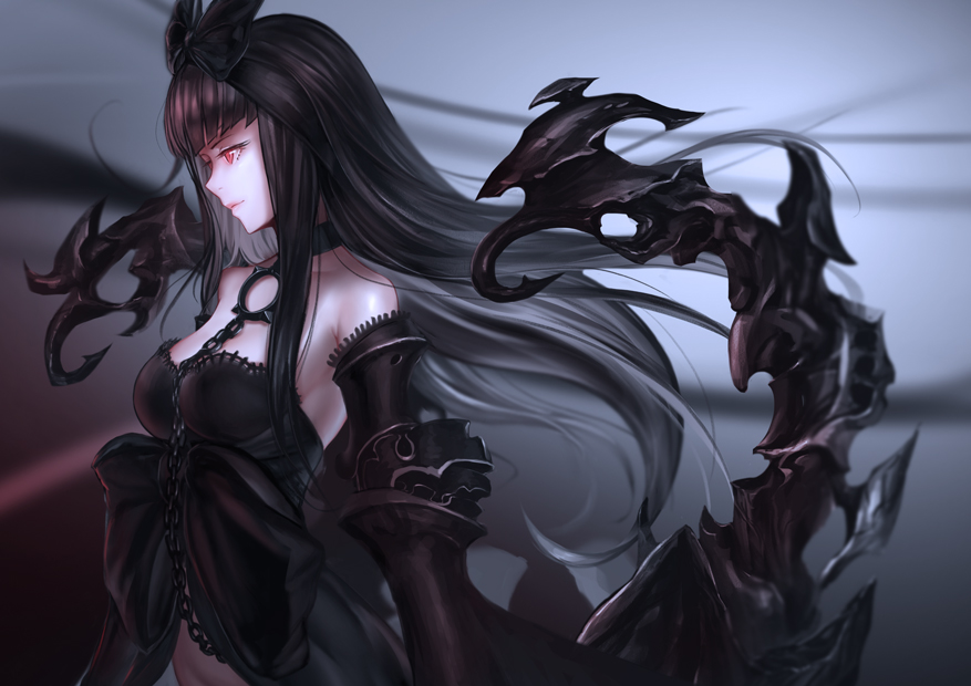 1girl, black_bow, black_hair, bow, breasts, chain, choker, glowing