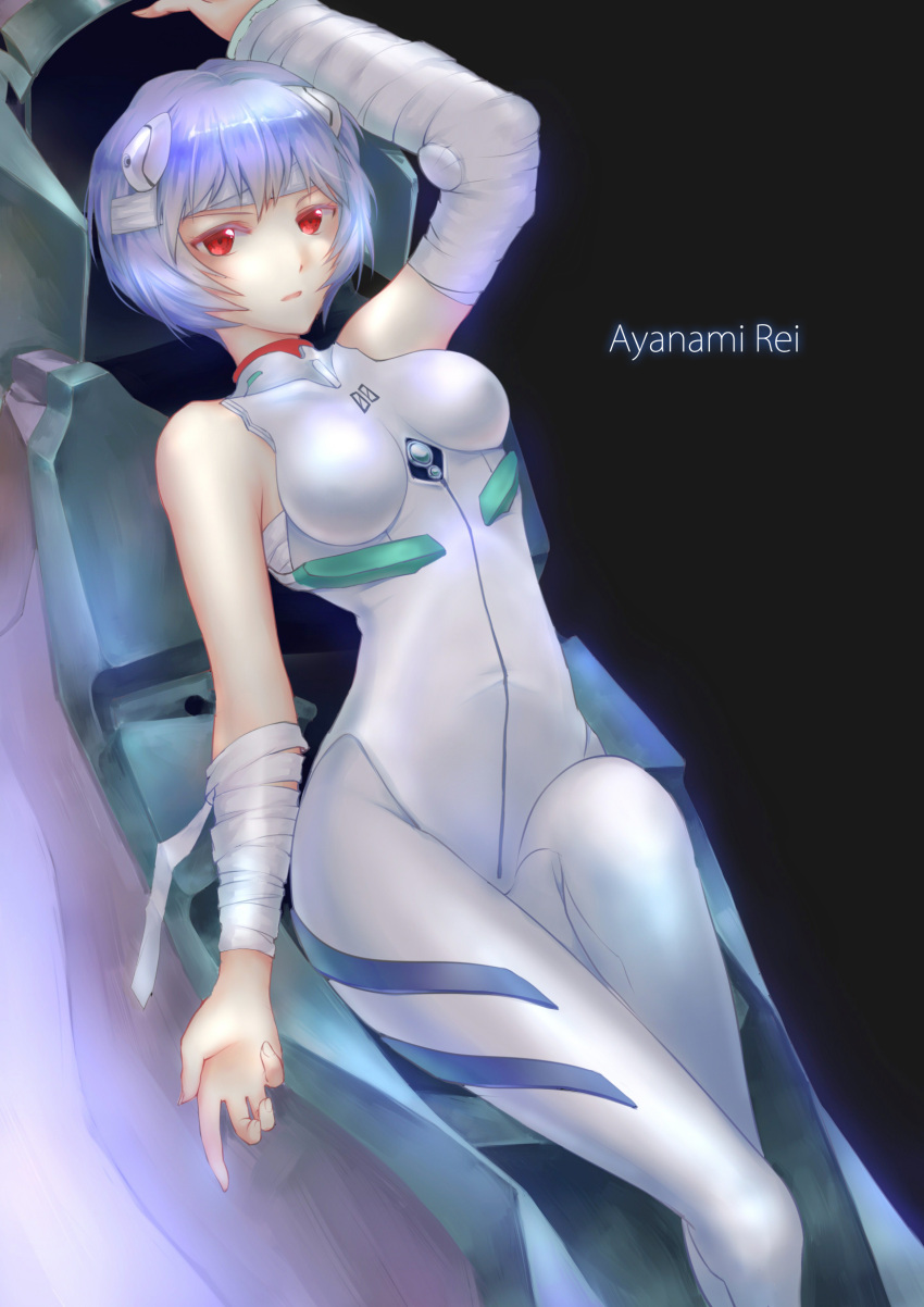 1girl, arm_up, ayanami_rei, bandages, bare_shoulders, blue_hair, cast, character_name