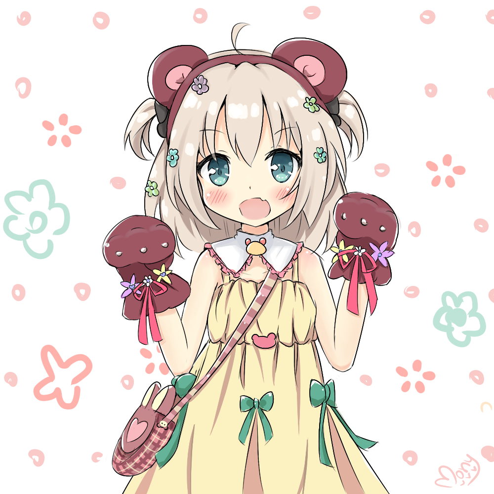 1girl, :d, animal_ears, asymmetrical_bangs, bag, bangs, bear_ears, bear_paws
