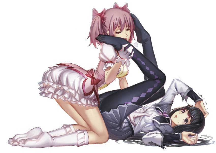 2girls, akemi_homura, argyle, argyle_legwear, black_hair, black_legwear, blush, closed_eyes