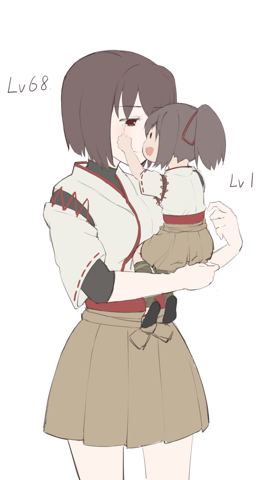 2girls, brown_eyes, brown_hair, carrying, chocotto715, commentary_request, face-to-face, highres
