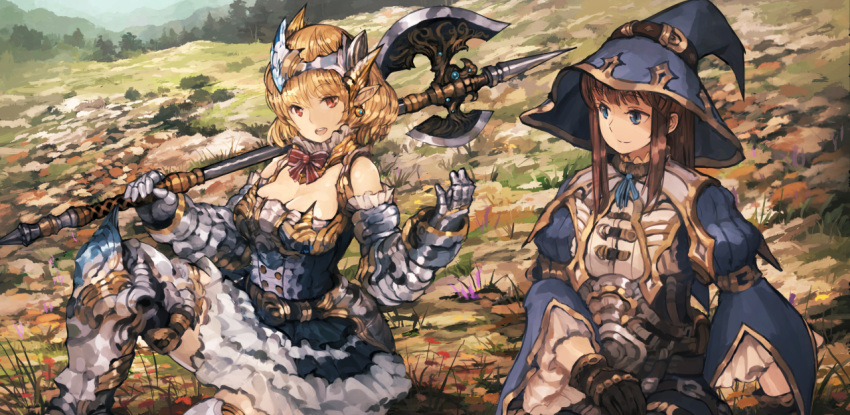 2girls, armor, axe, bangs, black_gloves, blonde_hair, blue_eyes, blunt_bangs