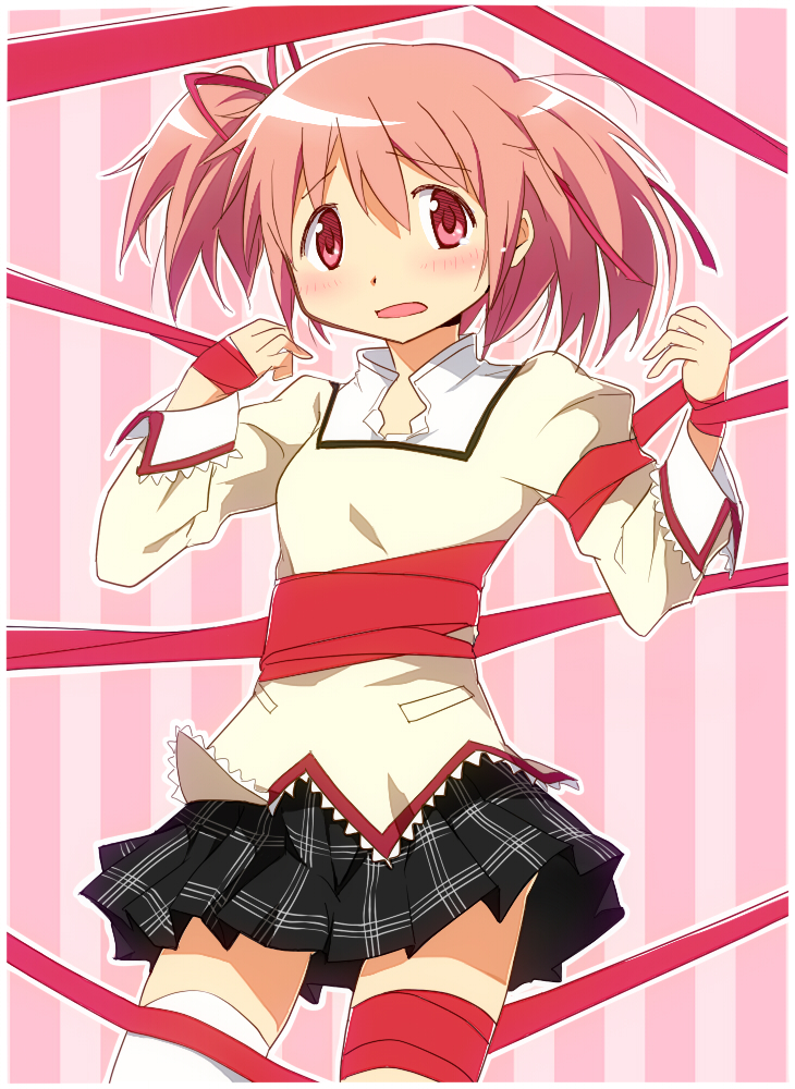 1girl, bdsm, blush, bondage, bound, bow, hair_ribbon, kaname_madoka