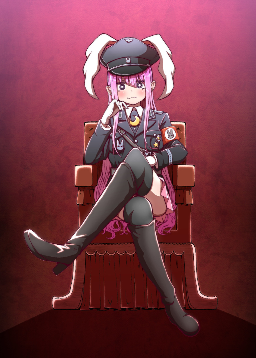 1girl, :3, absurdres, adapted_costume, alison_(alison_air_lines), animal_ears, black_legwear, boots, crescent, crossed_legs, extra_ears, gloves, hat, highres, knee_boots, long_hair, long_sleeves, looking_at_viewer, military, military_hat, military_uniform, nazi, pink_hair, rabbit_ears, reisen_udongein_inaba, sitting, solo, thigh-highs, touhou, uniform, very_long_hair, white_gloves, zettai_ryouiki