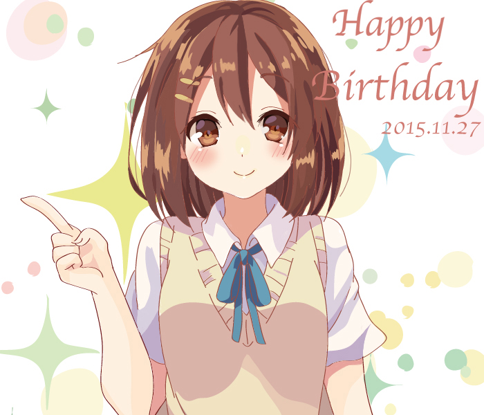 1girl, brown_eyes, brown_hair, happy_birthday, hirasawa_yui, index_finger_raised, k-on!, satsuki_yuni