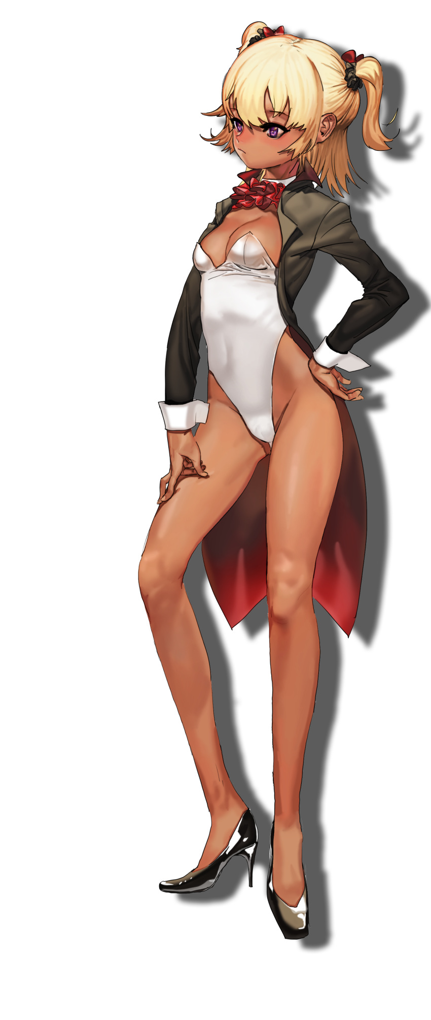 1girl, absurdres, blonde_hair, bow, breasts, cleavage, coattails, collar