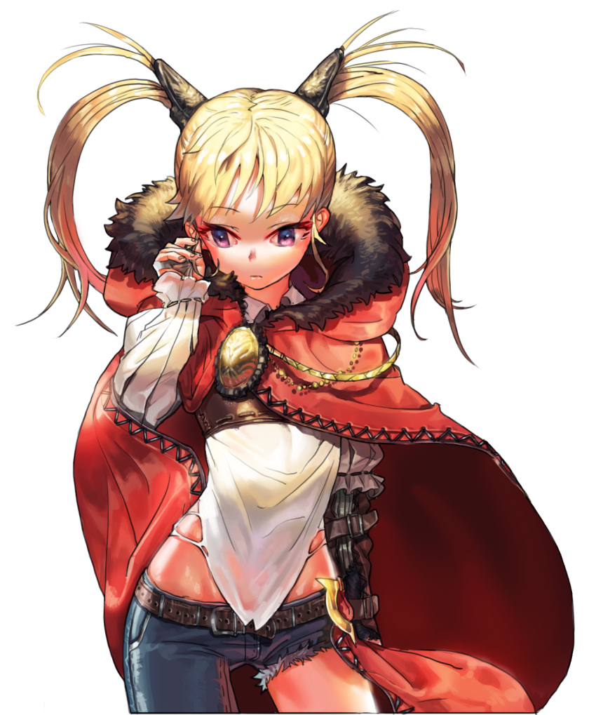 1girl, asymmetrical_clothes, blonde_hair, cape, denim, hair_ornament, highres, ian3314