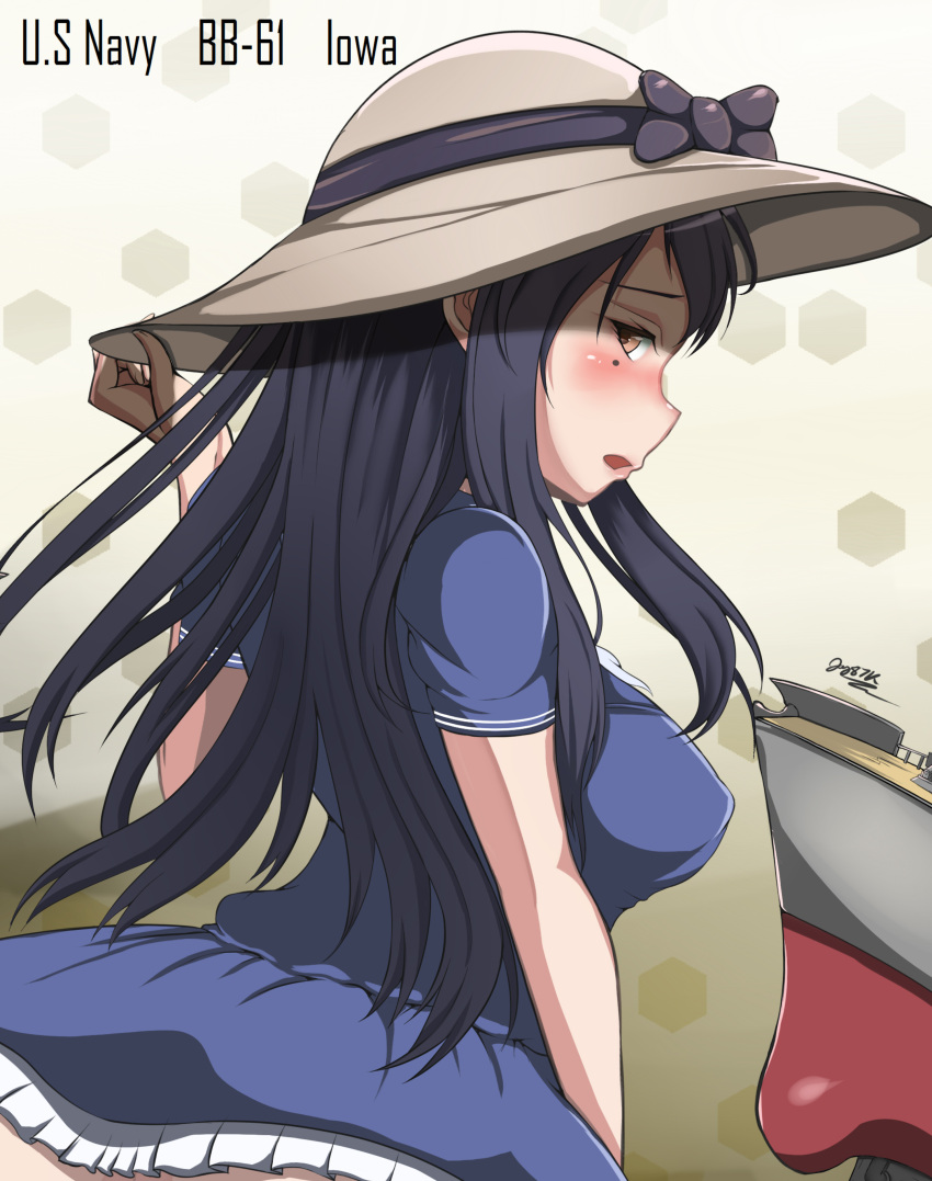 1girl, absurdres, black_hair, blush, borrowed_character, character_name, commentary, hat