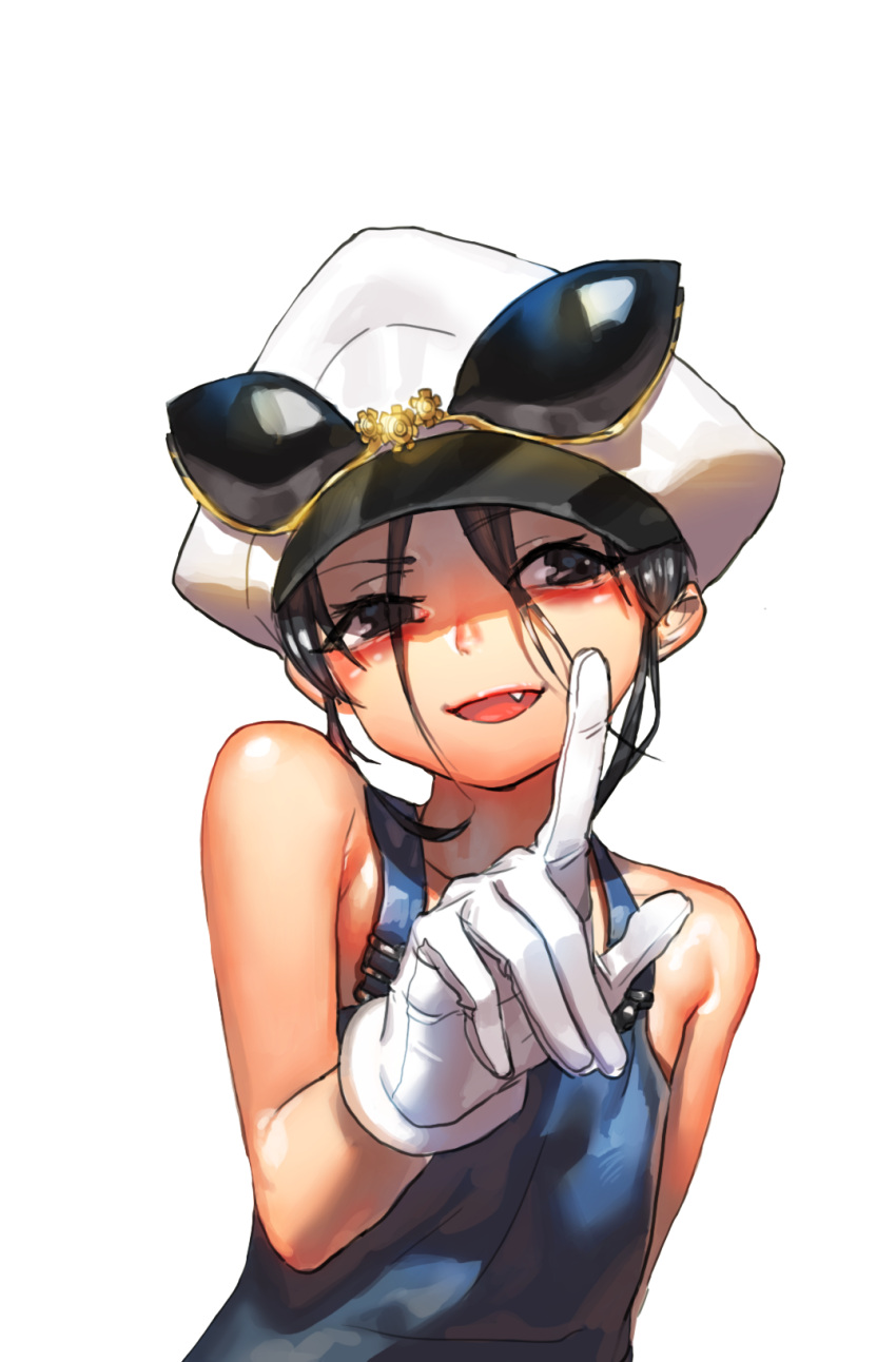 1girl, bare_shoulders, black_eyes, black_hair, fang, gloves, hat, highres