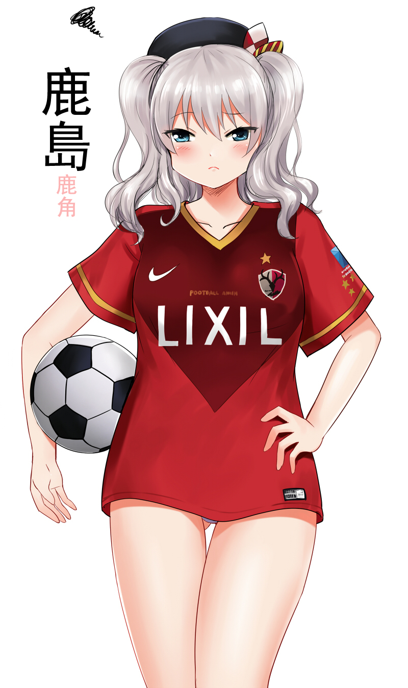 1girl, ad, ball, beret, blue_eyes, blush, bow, collarbone