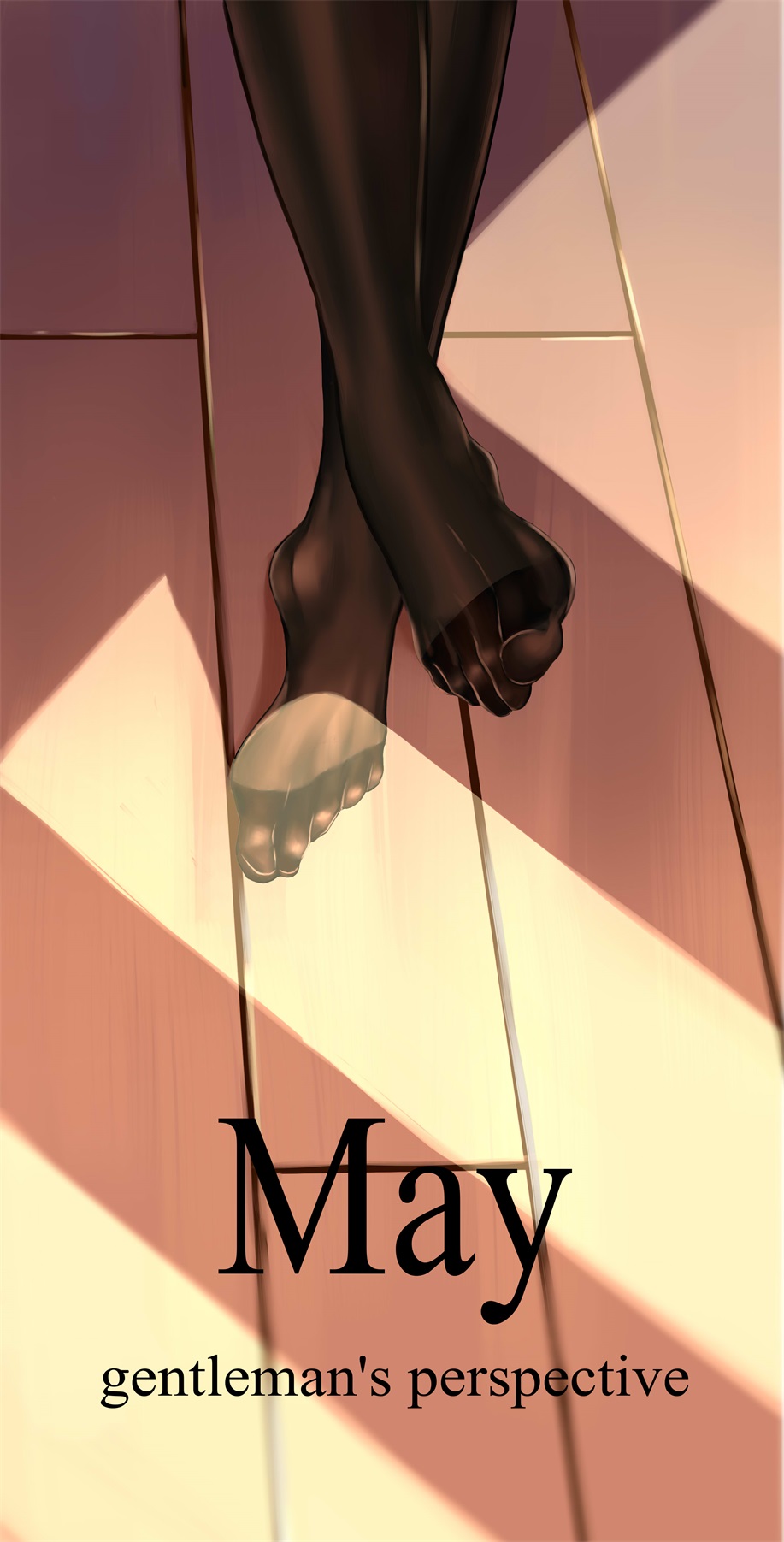 1girl, barserker, black_legwear, crossed_legs, english, highres, legs, no_shoes, original, out_of_frame, pantyhose, shade, solo, text, wooden_floor