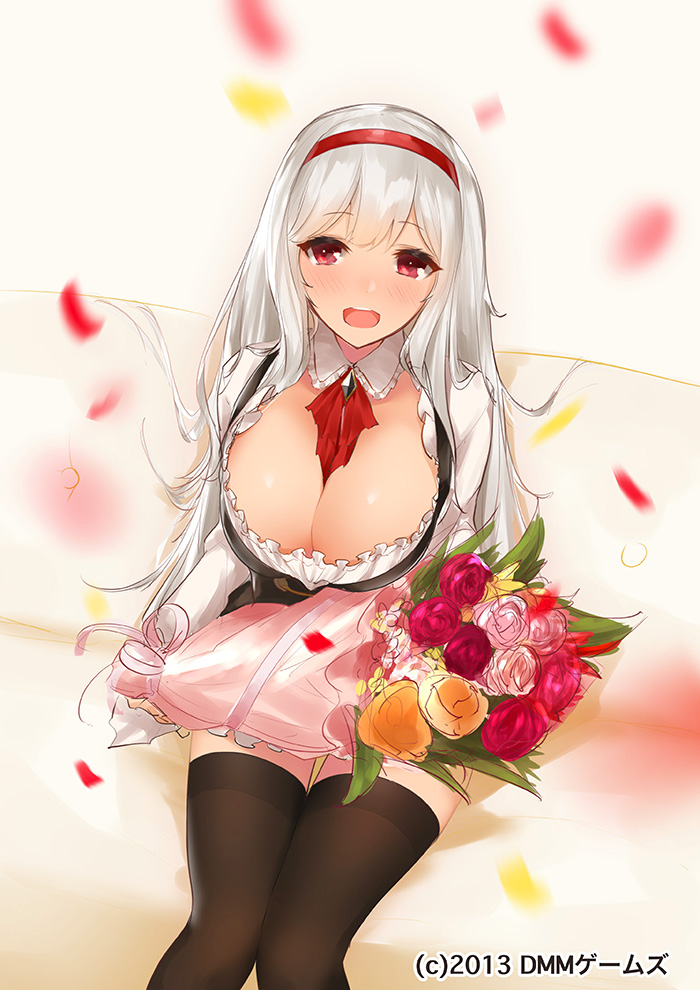 1girl, albino, anna_(sennen_sensou_aigis), black_dress, black_legwear, blush, bouquet, breasts