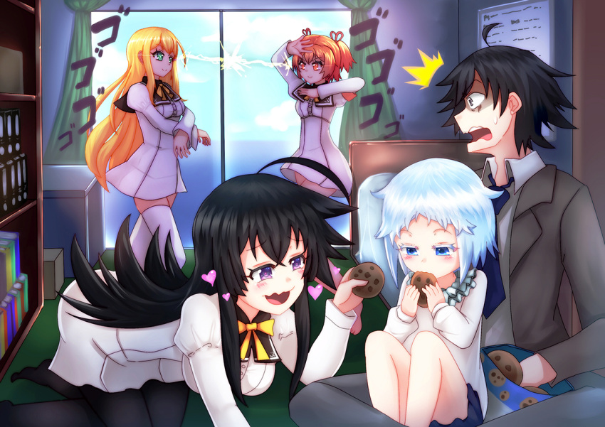 /\/\/\, 1girl, 4boys, :>, ahoge, aqua_hair, arisugawa_reiko, arkfield