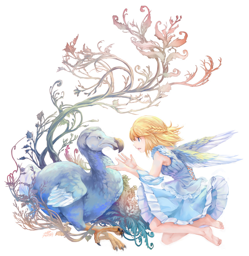 1girl, bare_shoulders, barefoot, blonde_hair, blue_eyes, braid, dodo_(bird), feathered_wings