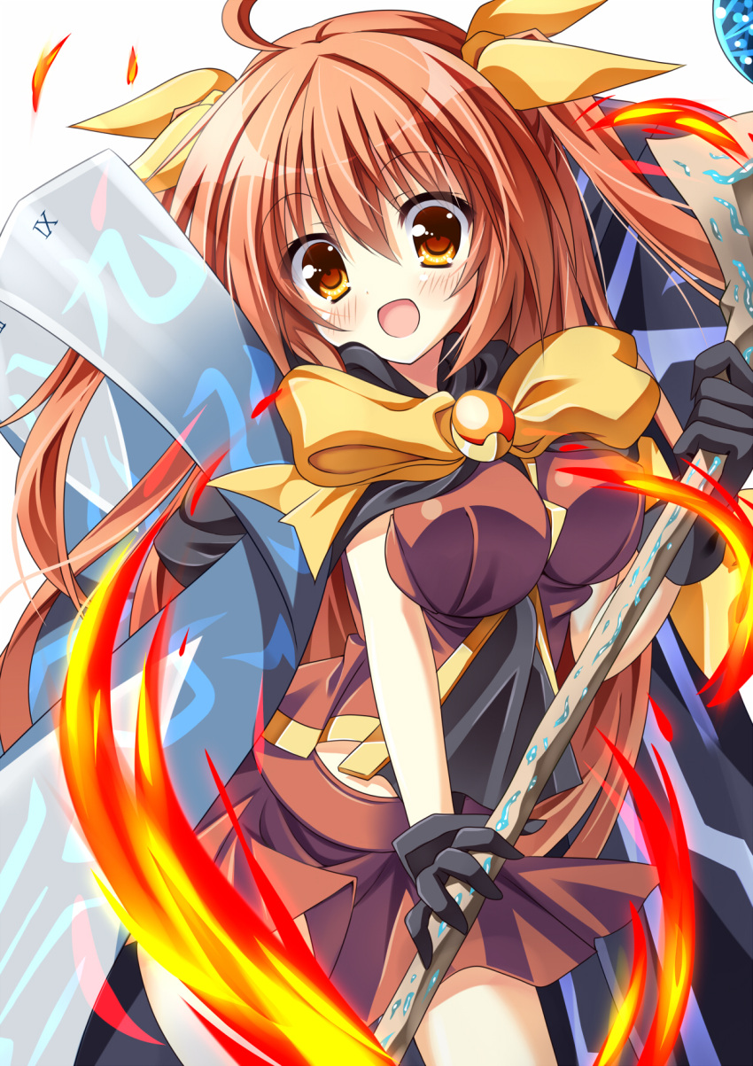 1girl, :d, ahoge, blush, bow, bowtie, cape, cowboy_shot
