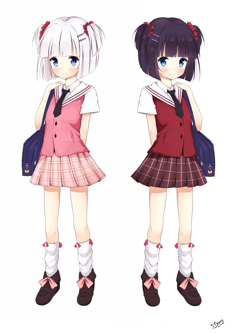 2girls, ankle_boots, bag, bangs, black_hair, black_necktie, blue_eyes, blunt_bangs