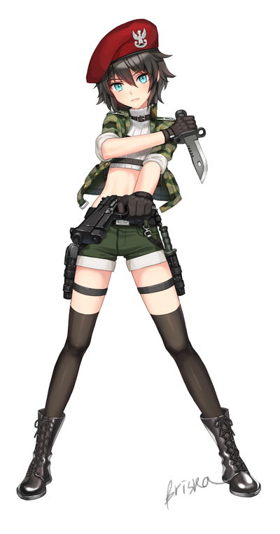 1girl, artist_name, beret, black_boots, black_gloves, black_hair, black_legwear, blue_eyes