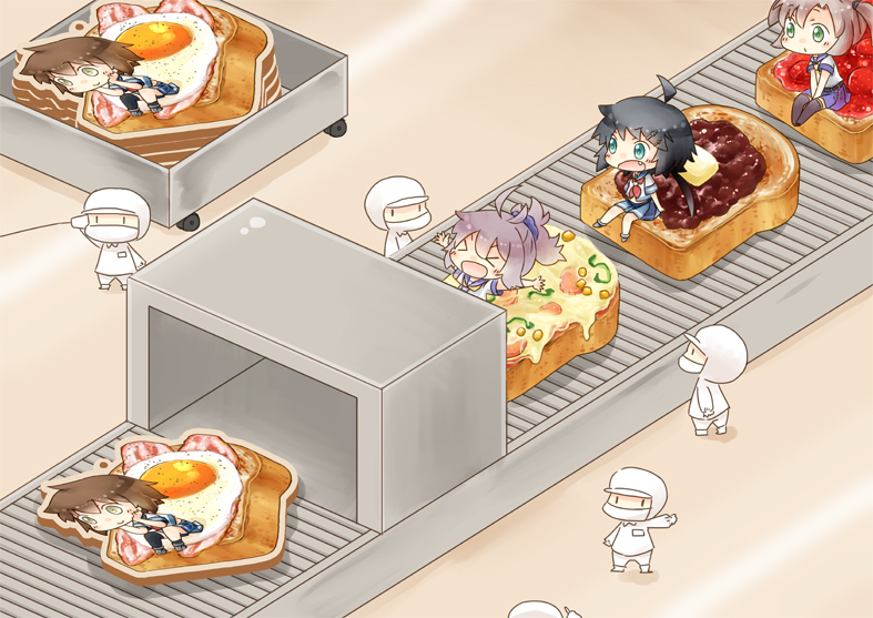 4girls, ^_^, animal_ears, antenna_hair, aoba_(kantai_collection), aqua_eyes, arms_up, bacon, black_hair, black_legwear, blush, brown_hair, chibi, closed_eyes, commentary_request, conveyor_belt, egg, empty_eyes, excited, factory, fang, food, food_request, fried_egg, furutaka_(kantai_collection), green_eyes, grey_hair, hair_ornament, hairclip, headgear, hinata_yuu, hood, kako_(kantai_collection), kantai_collection, kinugasa_(kantai_collection), long_hair, low_ponytail, mask, multiple_girls, open_mouth, oversized_object, pleated_skirt, purple_hair, school_uniform, serafuku, short_hair, short_sleeves, single_thighhigh, sitting, sitting_on_food, skirt, slice_of_bread, string_phone, sunny_side_up_egg, thigh-highs, toast, uniform, what