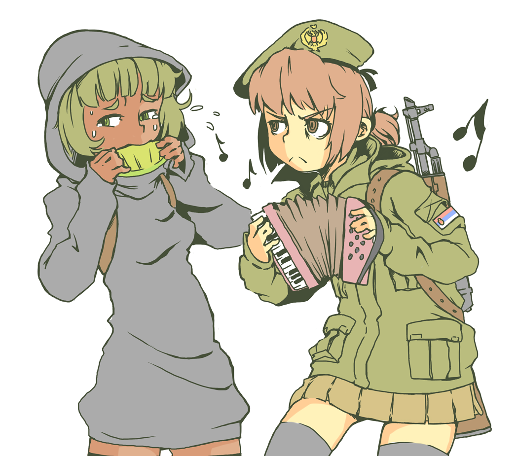 2girls, accordion, akm, assault_rifle, beret, commentary, flying_sweatdrops, food
