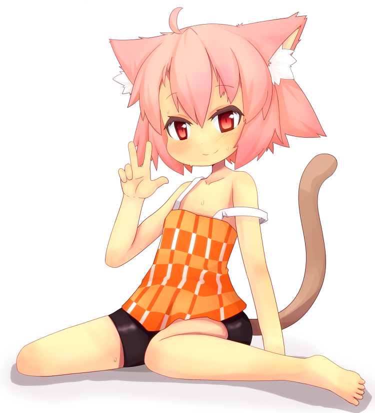 1girl, animal_ears, barefoot, bike_shorts, borrowed_character, cat_ears, cat_tail, eroneko-san