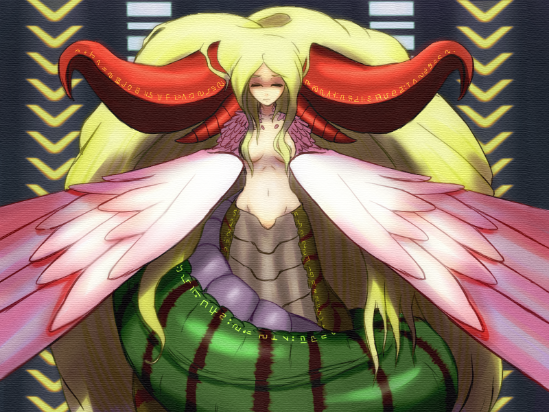 1girl, angel_wings, blonde_hair, breasts, breath_of_fire, breath_of_fire_iii, closed_eyes, convenient_censoring, groin, hair_over_breasts, horns, lamia, long_hair, monster_girl, myria, navel, solo, torisei8, very_long_hair, wings