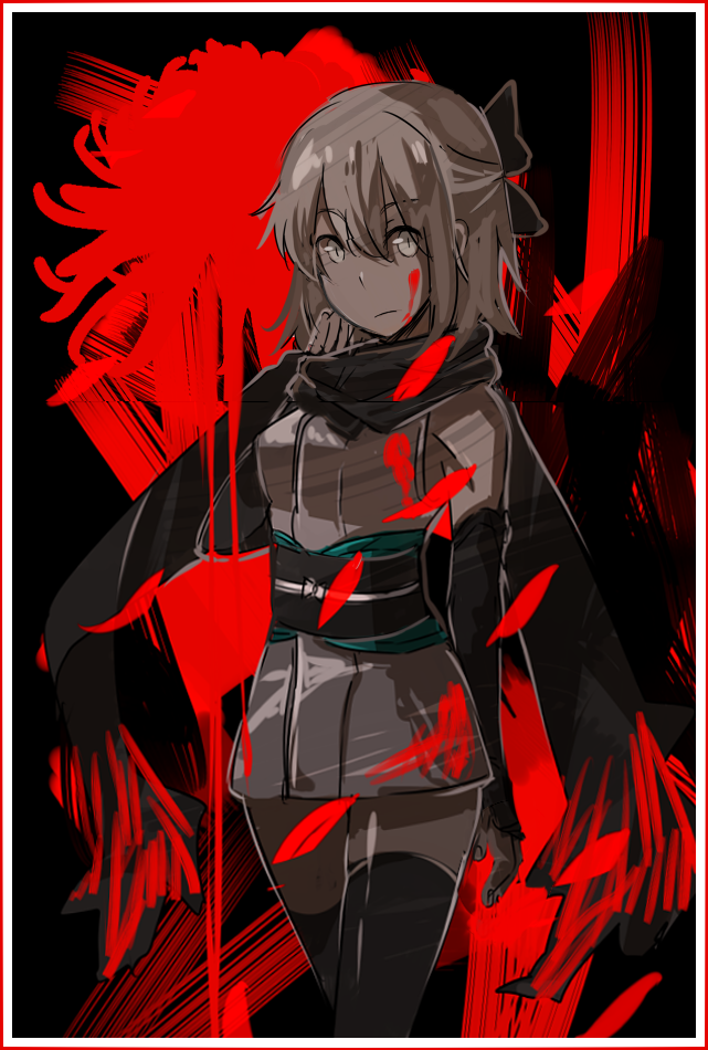 1girl, blood, blood_splatter, bow, cowboy_shot, elbow_gloves, fate/grand_order, fate_(series)