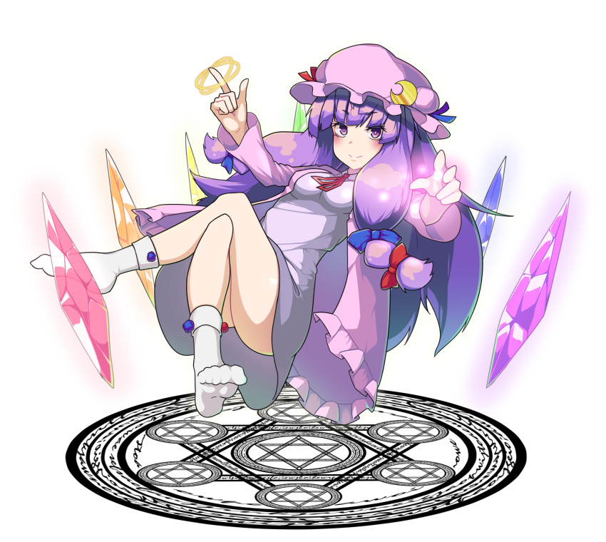 1girl, crescent_hair_ornament, crossed_legs, crystal, double_bun, dress, glowing, hair_ornament