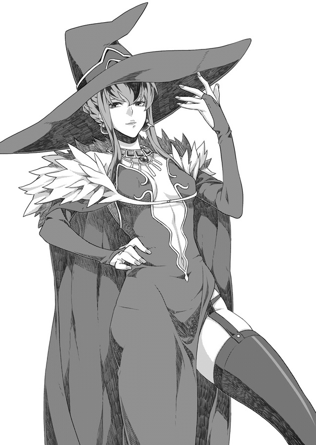 1girl, blazblue, breasts, cape, center_opening, cleavage, earrings, eight_(blazblue), gloves, hat, jewelry, long_hair, monochrome, sami_(object_dump), solo